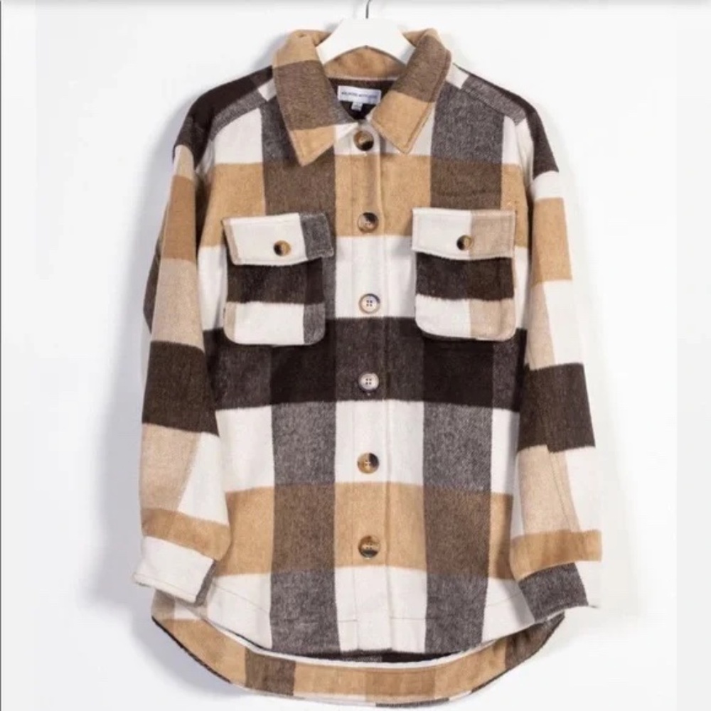 Melrose With Love Jillian Double Pocket Plaid Shirt Jacket Shacket Small Brown,